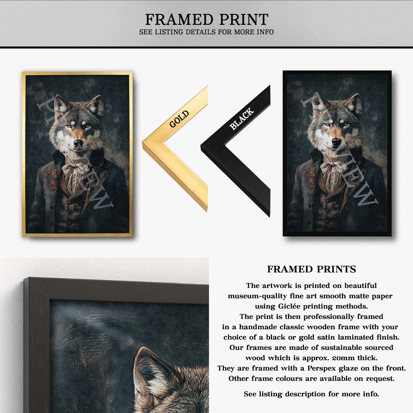 Wolf Gentleman Wall Art Print Framed Print by Vintage Panda Designs