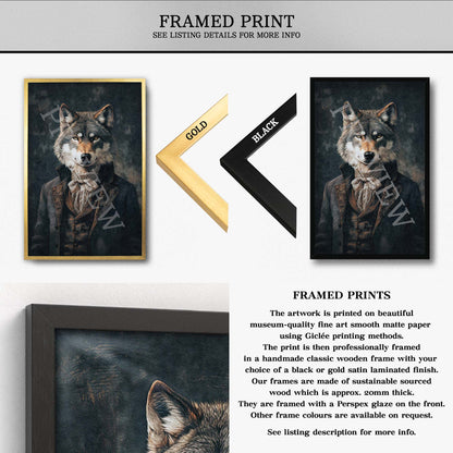 Wolf Gentleman Wall Art Print Framed Print by Vintage Panda Designs