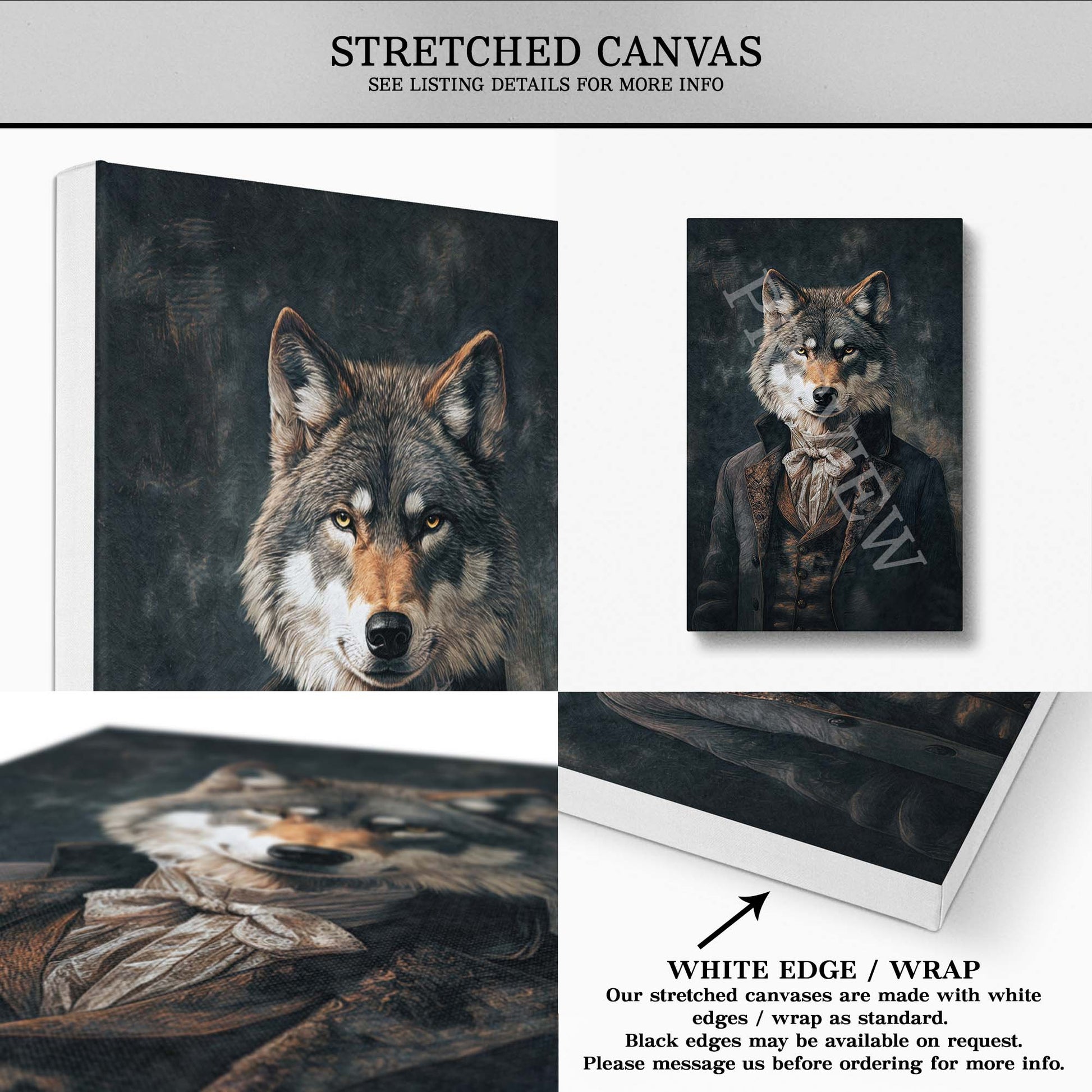 Wolf Gentleman Wall Art Print Stretched Canvas by Vintage Panda Designs