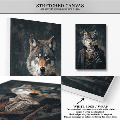 Wolf Gentleman Wall Art Print Stretched Canvas by Vintage Panda Designs