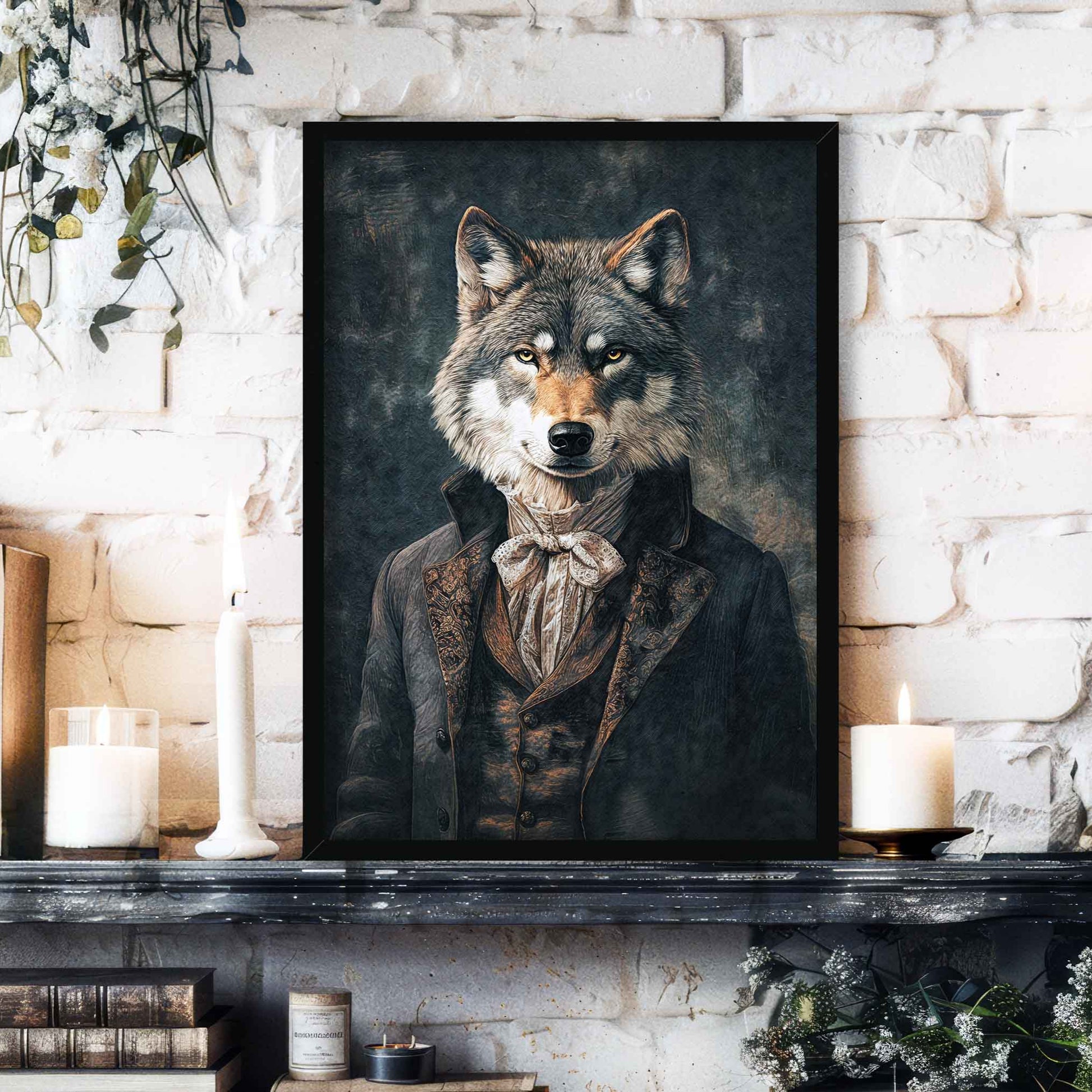 Wolf Gentleman Wall Art Print in Black Frame by Vintage Panda Designs