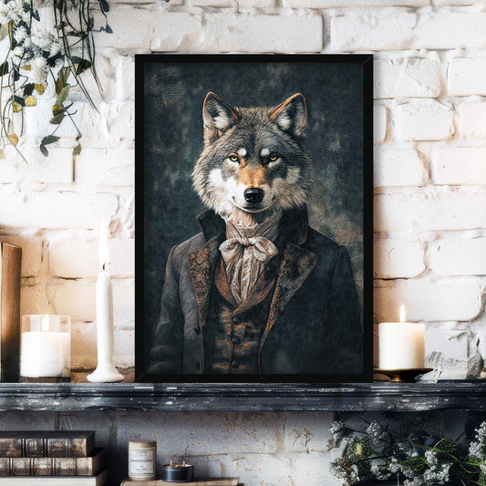 Wolf Gentleman Wall Art Print in Black Frame by Vintage Panda Designs