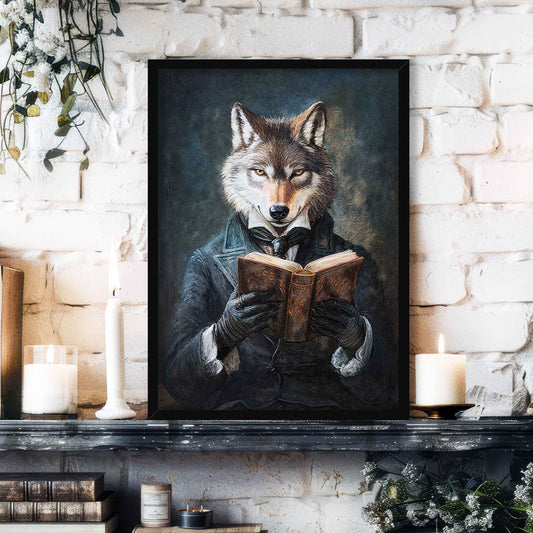 Wolf Reading Book Black Frame - Vintage Panda Designs