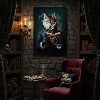 Wolf_Reading_Book_in_Black_Frame_in_Gothic_Castle_Style_Book_Nook_Artwork_and_Image_by_and_Copyright_of_Vintage_Panda_Designs
