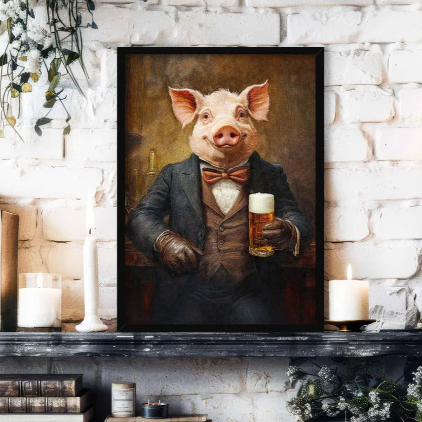 ig Drinking Pint of Beer Print Black Frame - Vintage Panda Designs
