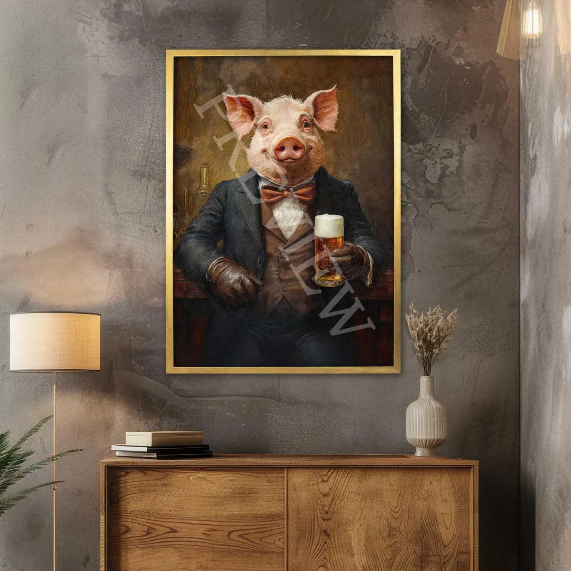 ig Drinking Pint of Beer Print Gold Frame - Vintage Panda Designs