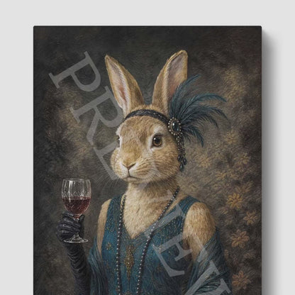 Rabbit Lady Drinking Red Wine Wall Art Print