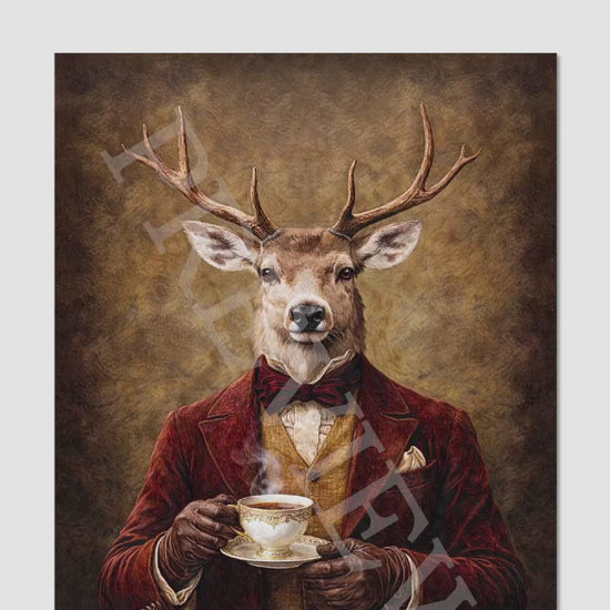 Stag Drinking Tea by Vintage Panda Designs