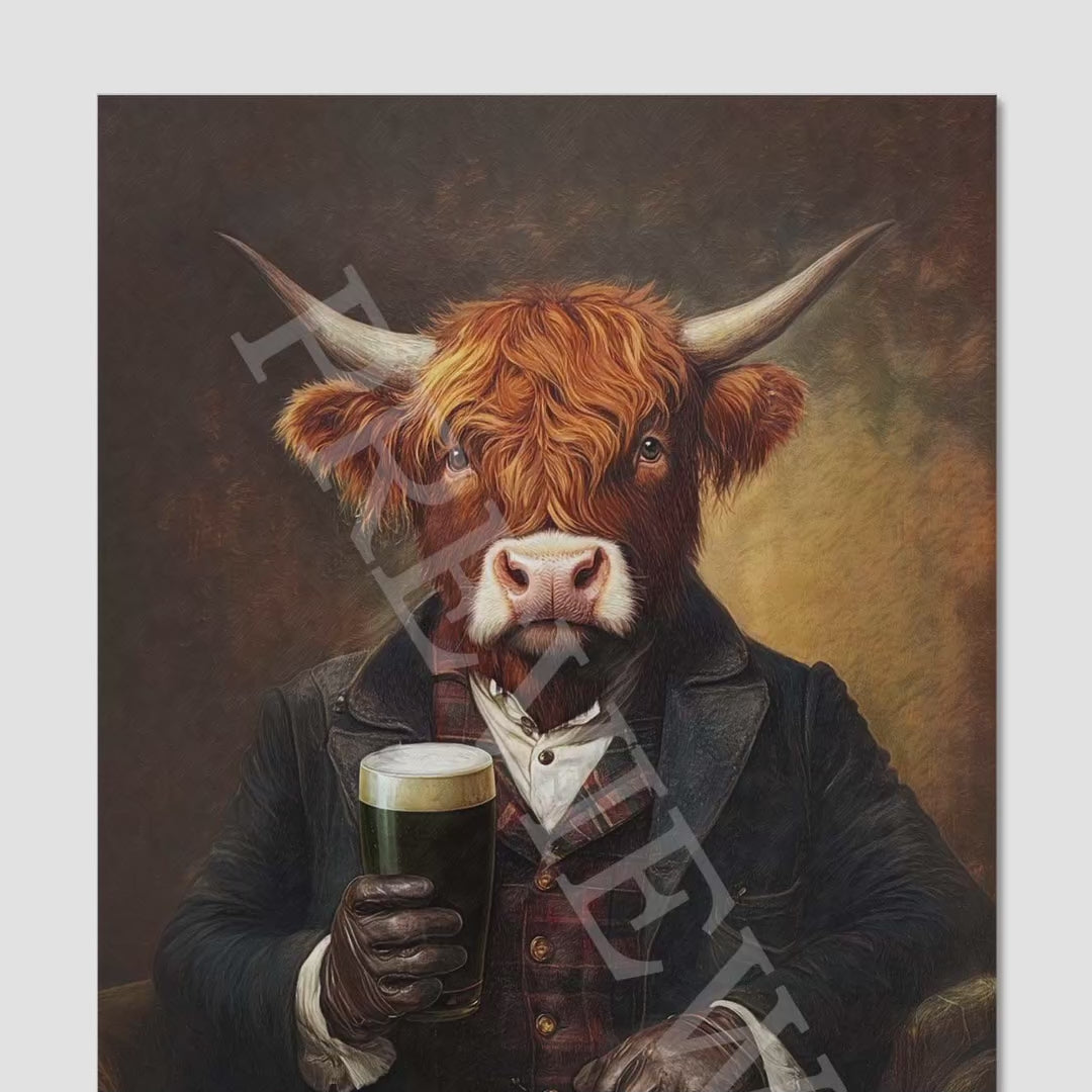 Highland Cow Drinking Stout Wall Art - Vintage Panda Designs