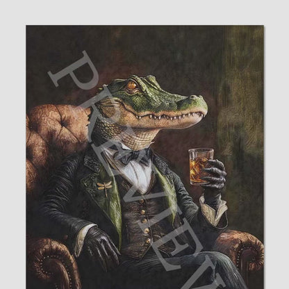 Alligator Drinking Whisky Wall Art Print