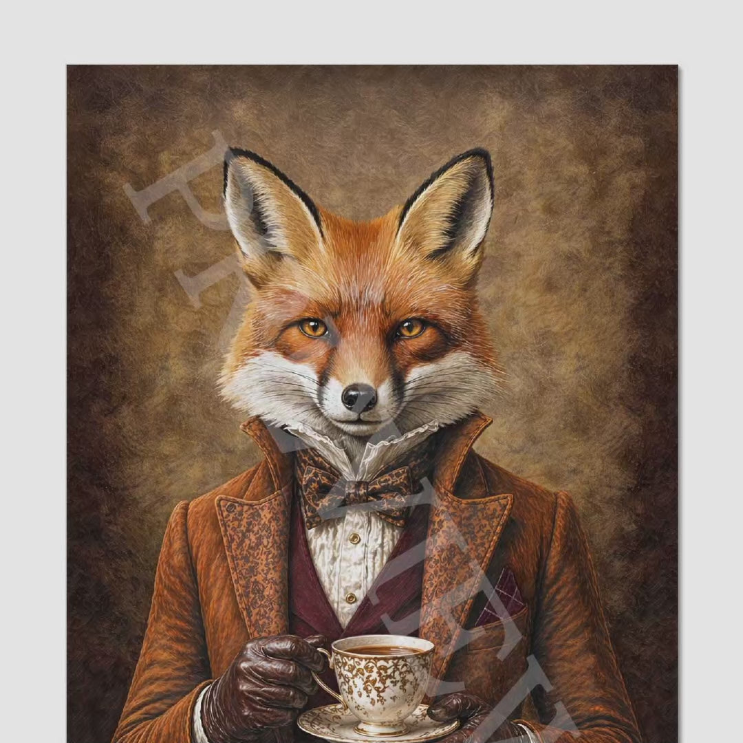 Fox Gentleman Drinking Tea Wall Art | Kitchen & Dining Animal