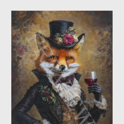 Fox Drinking Wine Wall Art Print