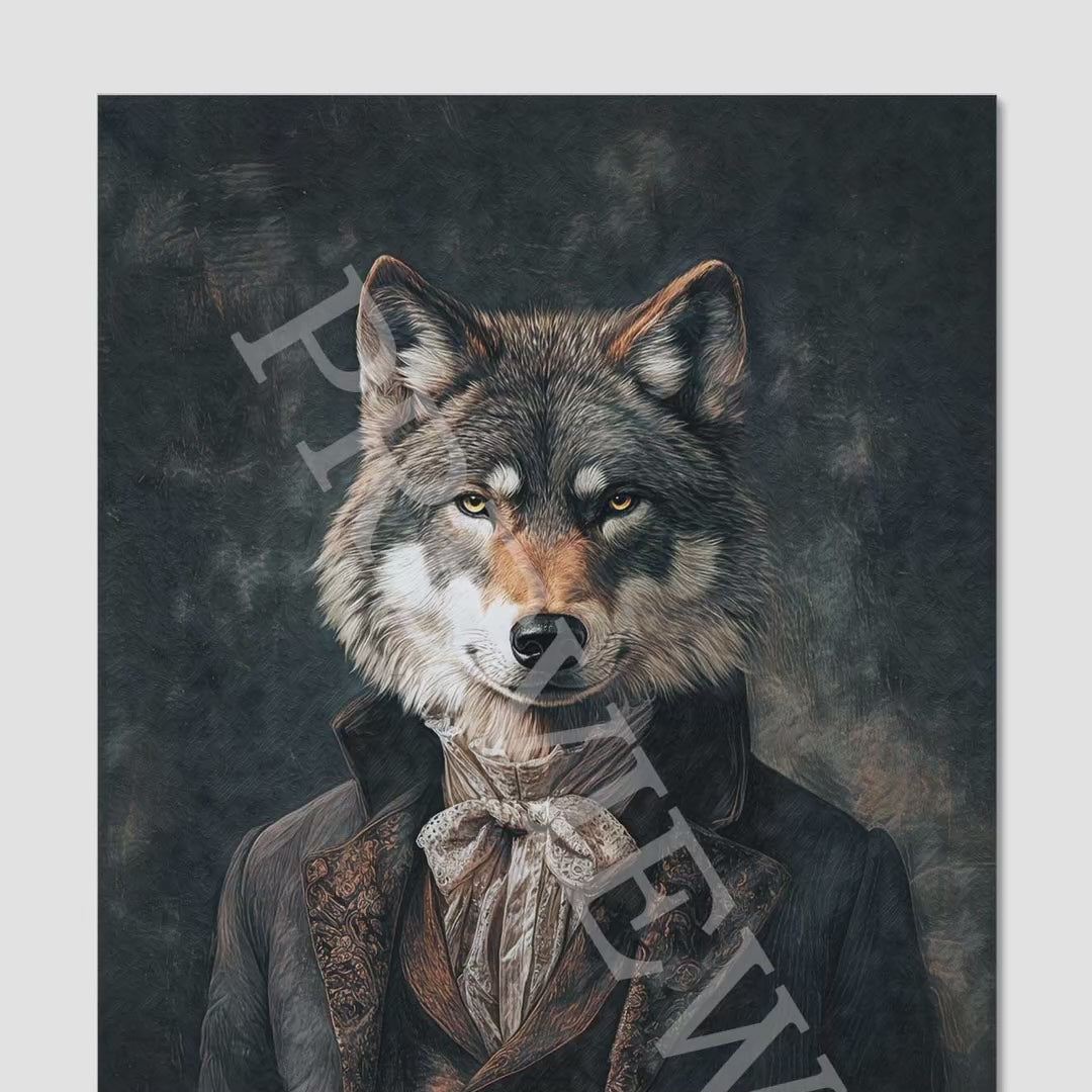 Wolf Gentleman Wall Art Print by Vintage Panda Designs