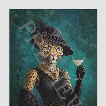 Leopard Lady Drinking Martini Wall Art Print