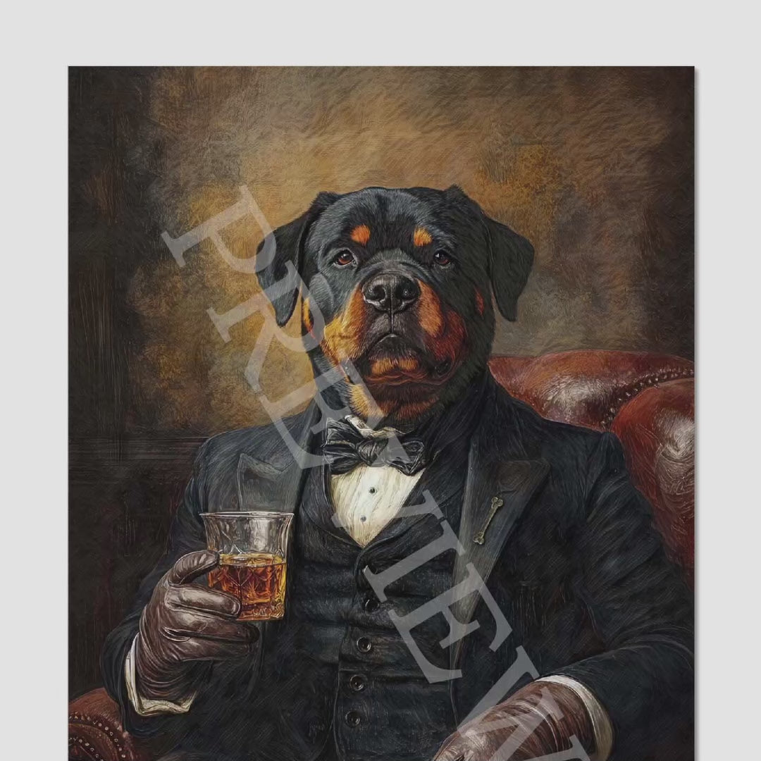 Rottweiler Drinking Whisky Wall Art Print – Vintage Panda