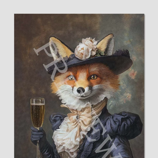 Fox Lady Drinking Champagne Wall Art Print - Vintage Panda Designs
