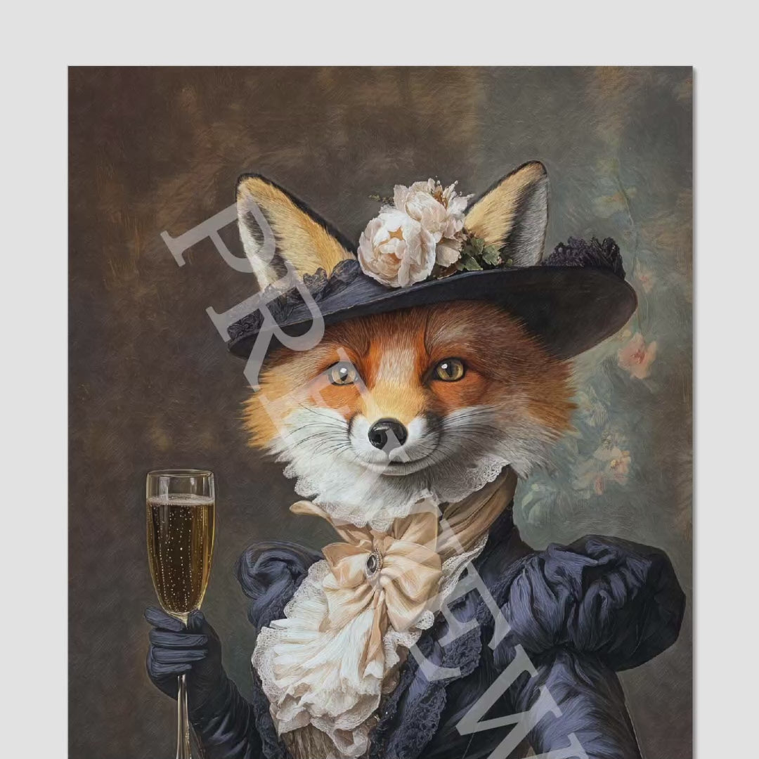 Fox Lady Drinking Champagne Wall Art Print - Vintage Panda Designs