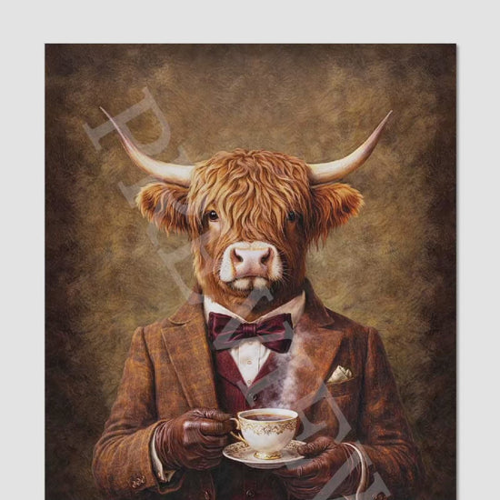 Highland Cow Drinking Tea by Vintage Panda Designs.