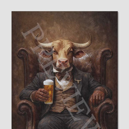 Bull Drinking Beer Wall Art Print
