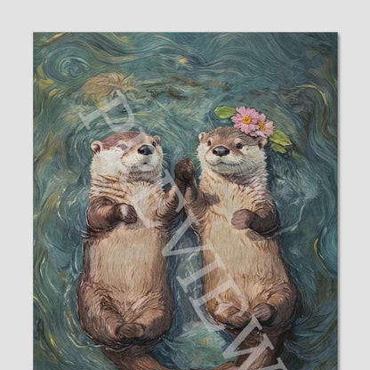Otters Holding Hands Wall Art | Romantic Vintage Animal Art Print