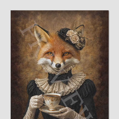 Fox Lady Drinking Tea by Vintage Panda Designs